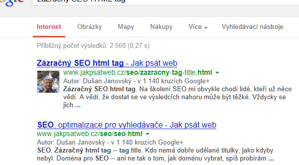 Příklad autorství / autorship v Google SERP