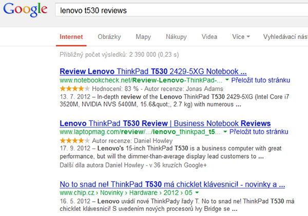 Příklad hodnocení / reviews v Google SERP
