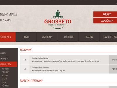 Webové stránky pro restauraci Grosseto - jídelní lístek