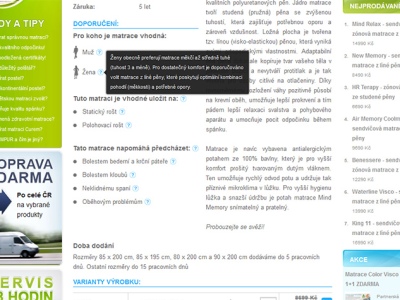 Centrum zdravého spánku Detail produktu, strukturovane informace s vysvetlivkami